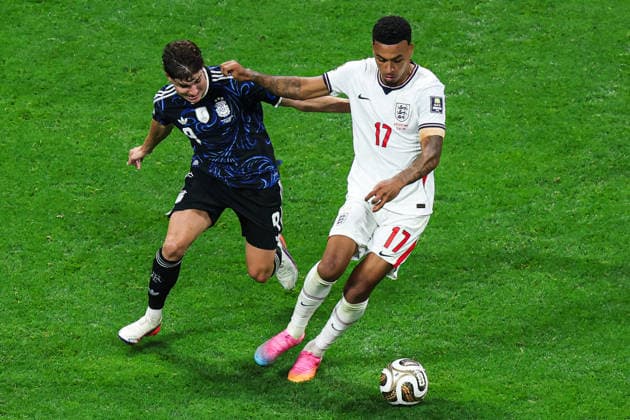 ATLANTA, GEORGIA - JULY 15: Morgan Rogers of England dribbles the ball during the FIFA World Cup, WM, Weltmeisterschaft, Fussball 2026 Semi Final match between England and Argentina at Atlanta Stadium on July 15, 2026 in Atlanta, Georgia.  Copyright: xVCGx 111654607306