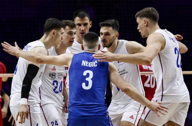 Men s Volleyball Nations League - Belgrade 2026 Players of Serbia react during the MenÕs Volleyball Nations League Pool 7 match between Serbia and Turkiye at Belgrade Arena on July 15, 2026 in Belgrade, Serbia. Belgrade Serbia Copyright: xSrdjanxStevanovicx x