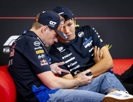 SPA - Max Verstappen (Red Bull Racing) and Alexander Albon (Williams) during a press conference, PK, Pressekonferenz at the Spa-Francorchamps circuit ahead of the Belgian Grand Prix. SEM VAN DER WAL ANP xVIxANPxSportx xxANPxIVx 563650072 originalFilename: 563650072.jpg