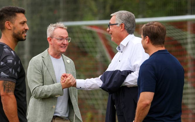 2026.07.16, Deutschland, Stuttgart, Fußball VfB Stuttgart Trainingsauftakt, v.l. Vorstand Alexander Wehrle, VfB Präsident Dietmar Allgaier *** July 16, 2026, Germany, Stuttgart, Soccer: VfB Stuttgart Kicks Off Training; from left: Board Member Alexander Wehrle, VfB President Dietmar Allgaier