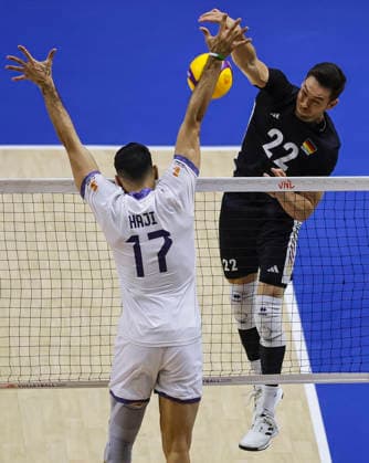 WomenÕs Volleyball Nations League - Belgrade 2026 Germany s Tobias Brand spikes the ball against IranÕs Ali Hajipour MoghadDam FaroUji during the MenÕs Volleyball Nations League Pool 7 match between Germany and Iran at Belgrade Arena on July 16, 2026 in Belgrade, Serbia. Belgrade Serbia Copyright: xSrdjanxStevanovicx x