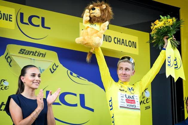 Slovenian Tadej Pogacar of UAE Team Emirates XRG celebrates in the yellow jersey of leader in the overall ranking after the stage 12 of the 2026 Tour de France cycling race, a stage of 181km from Nevers Magny-Cours to Chalon-sur-Saone, on Thursday 16 July 2026. The 113th edition of the Tour de France starts on Saturday 4 July in Barcelona, Spain, and will finish in Paris, France on the 26th of July. DAVIDxPINTENS  x181271668x
