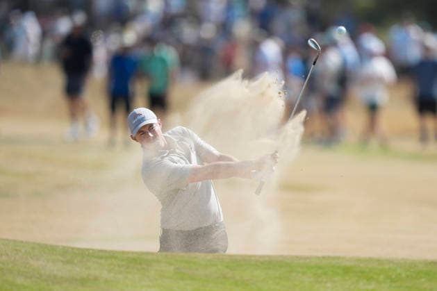 SOUTHPORT, ENGLAND - JULY 16: Matthew Fitzpatrick (ENG) plays from a green side bunker on the 1st hole during Round 1 of the 154th Open Championship at the Royal Birkdale Golf Club, Southport on July 16, 2026 in Merseyside, England The 154th British Open Championship