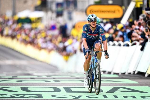 Belgian Jasper Stuyven of Soudal Quick-Step crosses the finish line of the stage 12 of the 2026 Tour de France cycling race, a stage of 181km from Nevers Magny-Cours to Chalon-sur-Saone, on Thursday 16 July 2026. The 113th edition of the Tour de France starts on Saturday 4 July in Barcelona, Spain, and will finish in Paris, France on the 26th of July. DAVIDxPINTENS  x181272475x