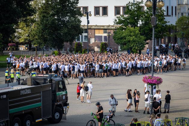 ZILINA - HAJDUK SPLIT Fans of Hajduk Torcida Split 1950 before the match in city centre ahead of the second leg of First qualifying round of UEFA Europa League football match between MSK Zilina and Hajduk Split at the MSK Zilina Stadium Pod Dubnom. Zilina, Slovakia, July 16, 2026. Photo by Branislav Racko Copyright: xx 080A3891
