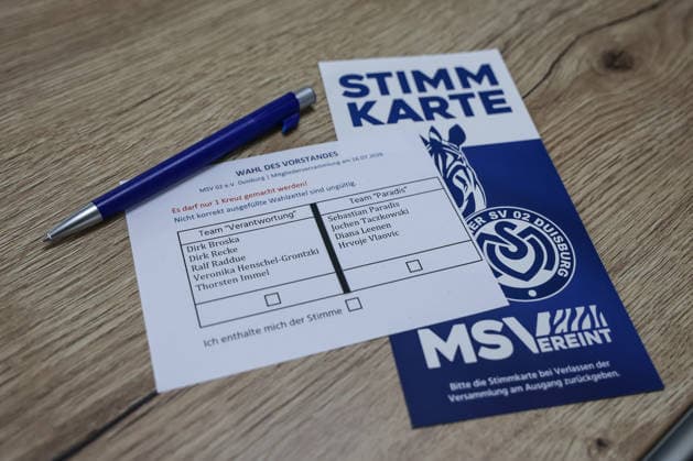 Fussball, 3.Liga Saison 2026 2027 Außerordentliche Mitgliederversammlung MSV Duisburg 16.07.2026, schauinsland-reisen-arena Stimmzettel für die Vorstandswahl mit Stimmkarte Duisburg schauinsland-reisen-arena Nordrhein-Westfalen Deutschland *** Sports, Soccer, 3rd Division Season 2026–2027 Extraordinary General Meeting of MSV Duisburg, July 16, 2026, Schauinsland Reisen Arena: Ballot for the board election with voting card, Duisburg, Schauinsland Reisen Arena, North Rhine-Westphalia, Germany