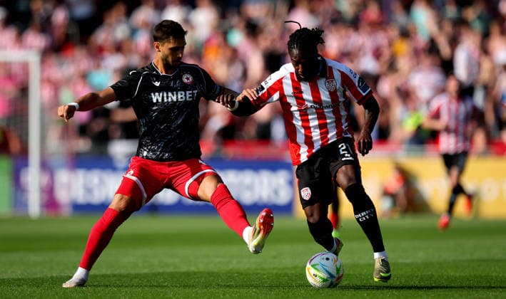 UEFA Europa League First Qualifying Round Second Leg, Ryan McBride Brandywell Stadium, Derry 16 7 2026 Derry City vs CSKA Sofia Derry™s KÃ KÃ vin dos Santos and Bruno Jordao 16 7 2026  Copyright: xx RB1_7762
