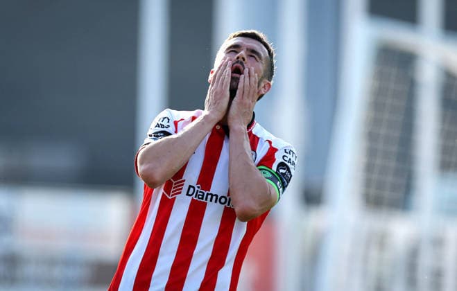 UEFA Europa League First Qualifying Round Second Leg, Ryan McBride Brandywell Stadium, Derry 16 7 2026 Derry City vs CSKA Sofia Derry™s Michael Duffy reacts to a missed chance Michael Duffy reacts to a missed chance 16 7 2026  Copyright: xx RB1_8467