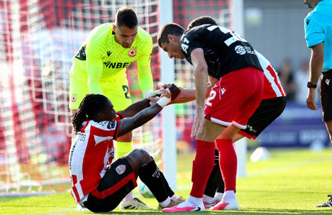 UEFA Europa League First Qualifying Round Second Leg, Ryan McBride Brandywell Stadium, Derry 16 7 2026 Derry City vs CSKA Sofia Derry™s KÃ KÃ vin dos Santos with Facundo Rodriguez 16 7 2026  Copyright: xx RB1_8584