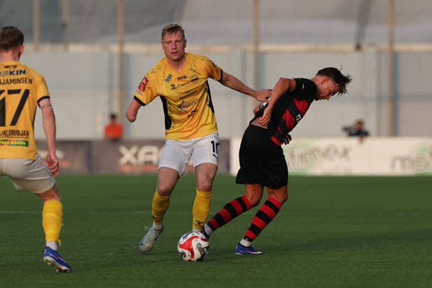 Marius Kryger Lindh (left) of Runavik is in action during the UEFA Conference League First Qualifying Round, 2nd Leg match between Hamrun Spartans and Runavik at Centenary Stadium, Ta Qali, Malta on 16 July, 2026. Hamrun Spartans v Runavik - UEFA Conference League First Qualifying Round 1st Leg