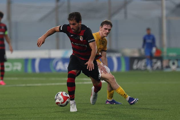 Matthew Guillaumier of Hamrun Spartans is in action during the UEFA Conference League First Qualifying Round, 2nd Leg match between Hamrun Spartans and Runavik at Centenary Stadium, Ta Qali, Malta on 16 July, 2026. Hamrun Spartans v Runavik - UEFA Conference League First Qualifying Round 1st Leg