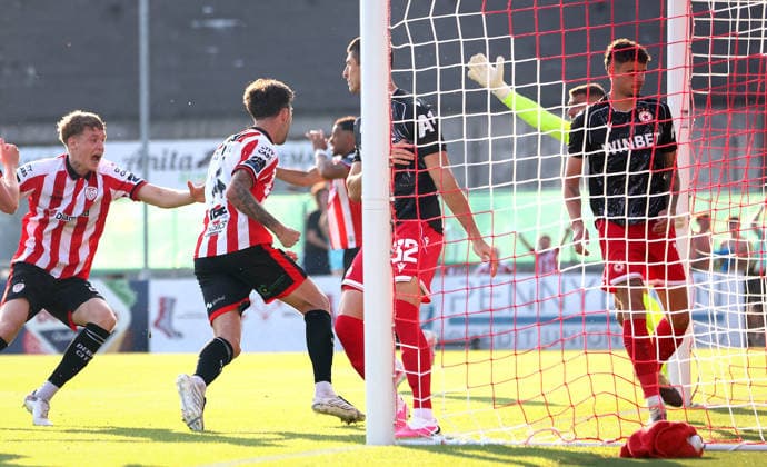 UEFA Europa League First Qualifying Round Second Leg, Ryan McBride Brandywell Stadium, Derry 16 7 2026 Derry City vs CSKA Sofia Derry™s Ellis Chapman turns to celebrate scoring the first goal of the game Ellis Chapman turns to celebrate scoring the first goal 16 7 2026  Copyright: xx RB2_7757