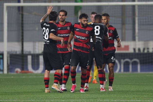 Hamrun Spartans players celebrate scoring the 1-1 goal during the UEFA Conference League First Qualifying Round, 2nd Leg match between Hamrun Spartans and Runavik at Centenary Stadium, Ta Qali, Malta on 16 July, 2026. Hamrun Spartans v Runavik - UEFA Conference League First Qualifying Round 1st Leg