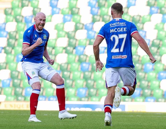 UEFA Europa Conference League First Qualifying Round Second Leg, Windsor Park, Belfast 16 7 2026 Linfield vs Nomme Kalju Linfield s Ethan McGee celebrates with Chris Shields after scoring his sides first goal of the match Ethan McGee celebrates with Chris Shields after scoring his sides first goal of the match 16 7 2026  Copyright: xx 160726JP3football003