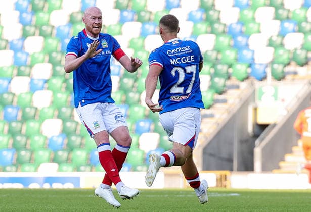 UEFA Europa Conference League First Qualifying Round Second Leg, Windsor Park, Belfast 16 7 2026 Linfield vs Nomme Kalju Linfield s Ethan McGee celebrates with Chris Shields after scoring his sides first goal of the match Ethan McGee celebrates with Chris Shields after scoring his sides first goal of the match 16 7 2026  Copyright: xx 160726JP3football004