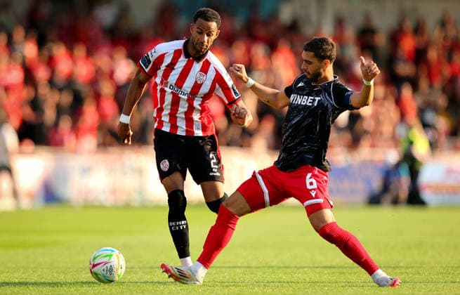 UEFA Europa League First Qualifying Round Second Leg, Ryan McBride Brandywell Stadium, Derry 16 7 2026 Derry City vs CSKA Sofia Derry™s Barry Cotter and Bruno Jordao of CSKA Sofia Barry Cotter and Bruno Jordao 16 7 2026  Copyright: xx RB1_9694