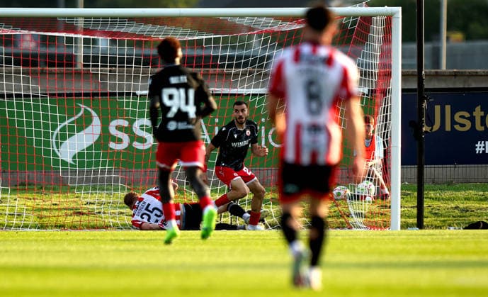 UEFA Europa League First Qualifying Round Second Leg, Ryan McBride Brandywell Stadium, Derry 16 7 2026 Derry City vs CSKA Sofia CSKA Sofia™s Ioannis Pittas scores his side™s first goal of the game Ioannis Pittas scores his side™s first goal 16 7 2026  Copyright: xx RB1_9724