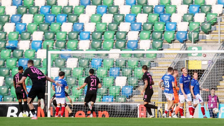 UEFA Europa Conference League First Qualifying Round Second Leg, Windsor Park, Belfast 16 7 2026 Linfield vs Nomme Kalju Kalju s Oleksandr Musolitin scores his sides first goal of the match Oleksandr Musolitin scores his sides first goal of the match 16 7 2026  Copyright: xx 160726JP3football006