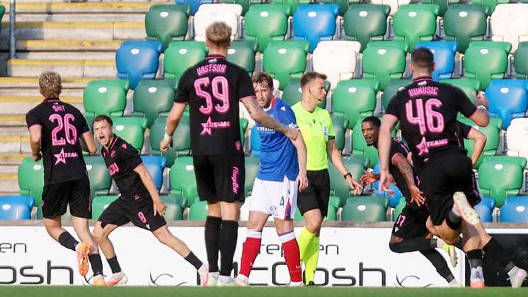 UEFA Europa Conference League First Qualifying Round Second Leg, Windsor Park, Belfast 16 7 2026 Linfield vs Nomme Kalju Kalju s Oleksandr Musolitin celebrates scoring his sides first goal of the match Oleksandr Musolitin celebrates scoring his sides first goal of the match 16 7 2026  Copyright: xx 160726JP3football007