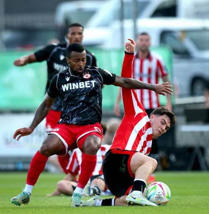 UEFA Europa League First Qualifying Round Second Leg, Ryan McBride Brandywell Stadium, Derry 16 7 2026 Derry City vs CSKA Sofia Derry™s James Clarke and Pastor of CSKA Sofia James Clarke and Pastor 16 7 2026  Copyright: xx RB1_0244