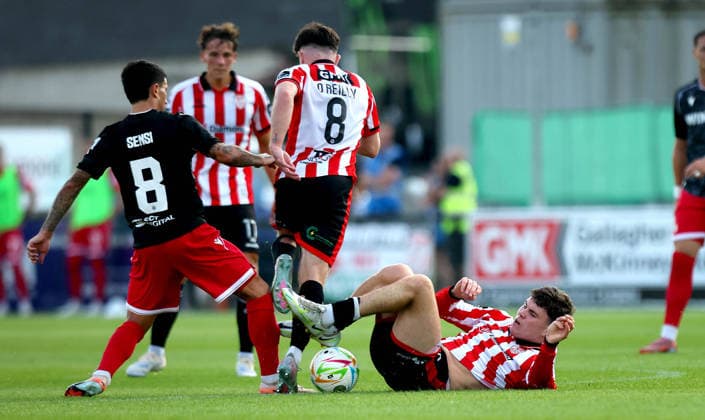 UEFA Europa League First Qualifying Round Second Leg, Ryan McBride Brandywell Stadium, Derry 16 7 2026 Derry City vs CSKA Sofia Derry™s James Clarke and Stefano Sensi of CSKA Sofia James Clarke and Stefano Sensi 16 7 2026  Copyright: xx RB1_0287