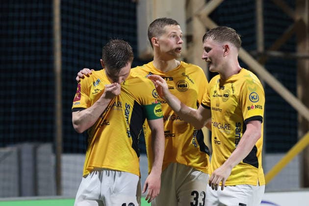 Petur Knudsen (left) of Runavik celebrates scoring the 1-2 goal with team mates during the UEFA Conference League First Qualifying Round, 2nd Leg match between Hamrun Spartans and Runavik at Centenary Stadium, Ta Qali, Malta on 16 July, 2026. Photo by Domenic Aquilina Hamrun Spartans v Runavik - UEFA Conference League First Qualifying Round 1st Leg