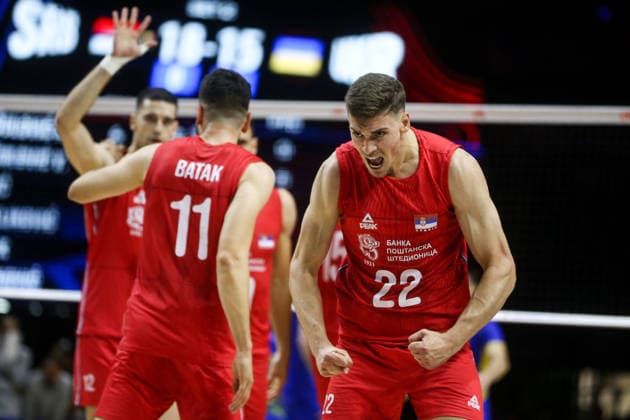 Serbia v Ukraine - Men s Volleyball Nations League BELGRADE, SERBIA - JULY 16: Players of Serbia celebrate after scoring during the Men s Volleyball Nations League match between Serbia and Ukraine in Belgrade, Serbia, on July 16, 2026. Filip Stevanovic Anadolu Belgrade Serbia. Editorial use only. Please get in touch for any other usage.  Copyright: x2026xAnadoluxFilipxStevanovicx