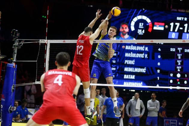 Serbia v Ukraine - Men s Volleyball Nations League BELGRADE, SERBIA - JULY 16: Pavle Peric (12) of Serbia in action during the Men s Volleyball Nations League match between Serbia and Ukraine in Belgrade, Serbia, on July 16, 2026. Filip Stevanovic Anadolu Belgrade Serbia. Editorial use only. Please get in touch for any other usage.  Copyright: x2026xAnadoluxFilipxStevanovicx