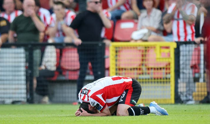 UEFA Europa League First Qualifying Round Second Leg, Ryan McBride Brandywell Stadium, Derry 16 7 2026 Derry City vs CSKA Sofia Derry™s Brandon Fleming dejected Brandon Fleming dejected 16 7 2026  Copyright: xx RB1_0501