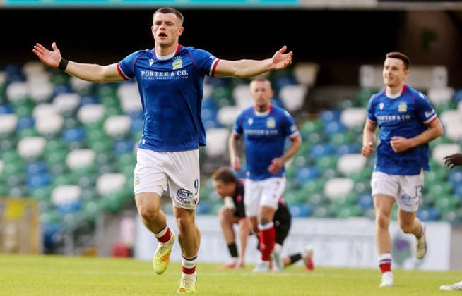 UEFA Europa Conference League First Qualifying Round Second Leg, Windsor Park, Belfast 16 7 2026 Linfield vs Nomme Kalju Linfield s Kieran Offord celebrates his sides second goal of the match Kieran Offord celebrates his sides second goal of the match 16 7 2026  Copyright: xx 160726JP3football015