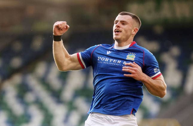UEFA Europa Conference League First Qualifying Round Second Leg, Windsor Park, Belfast 16 7 2026 Linfield vs Nomme Kalju Linfield s Kieran Offord celebrates his sides second goal of the match Kieran Offord celebrates his sides second goal of the match 16 7 2026  Copyright: xx 160726JP3football016