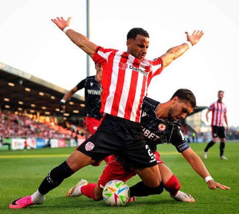 UEFA Europa League First Qualifying Round Second Leg, Ryan McBride Brandywell Stadium, Derry 16 7 2026 Derry City vs CSKA Sofia Derry™s Barry Cotter and Bruno Jordao of CSKA Sofia Barry Cotter and Bruno Jordao 16 7 2026  Copyright: xx RB2_8235