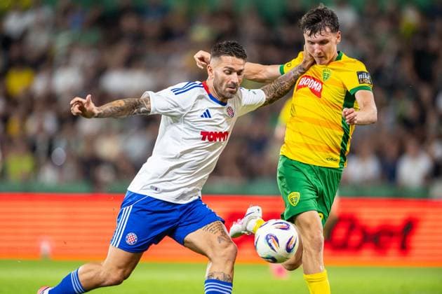 Marko Livaja in a battle for the ball with Marek Okal during UEFA Europa league quali match - MSK Zilina - Hajduk Split, 16. july 2026 , Stadium pod Dubnom, Zilina, Slovakia Copyright: xMICHALxFAJT,ZOSPORTU.SKx MAR_8510