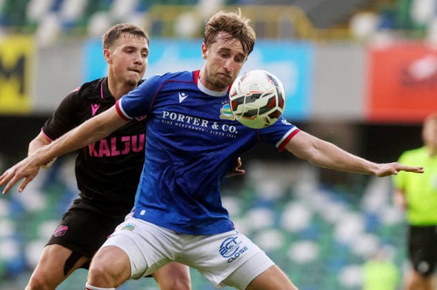 UEFA Europa Conference League First Qualifying Round Second Leg, Windsor Park, Belfast 16 7 2026 Linfield vs Nomme Kalju Linfield s Ryan Nolan with Kalju s Oleksandr Musolitin Ryan Nolan with Oleksandr Musolitin 16 7 2026  Copyright: xx 160726JP3football019