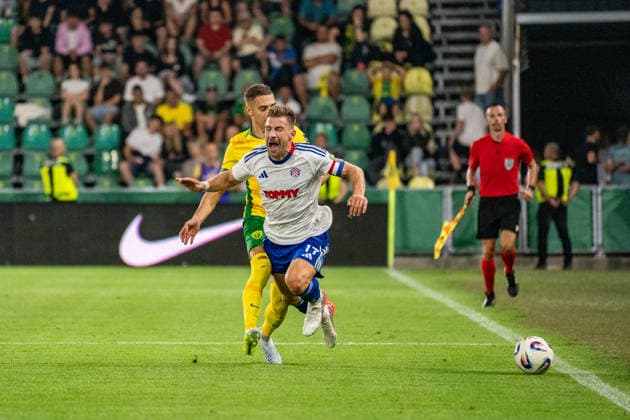 Michal Fasko and Dario Melnjak seen during UEFA Europa League qualifying game between teams of MSK Zilina and Hajduk Split (Matej Sagan Ball Raw Images) Zilina Anton Malatinsky Stadium Slovakia Copyright: xMatejxSaganx DSC07728