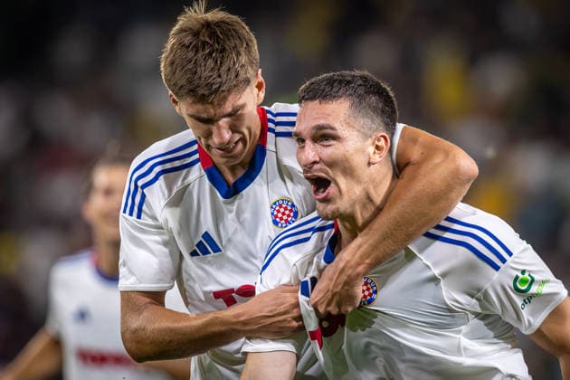ZILINA - HAJDUK SPLIT Marino Skelin, Alec Van Hoorenbeeck of Hajduk celebrate a goal during the second leg of First qualifying round of UEFA Europa League football match between MSK Zilina and Hajduk Split at the MSK Zilina Stadium Pod Dubnom. Zilina, Slovakia, July 16, 2026. Photo by Branislav Racko Copyright: xx 080A5132