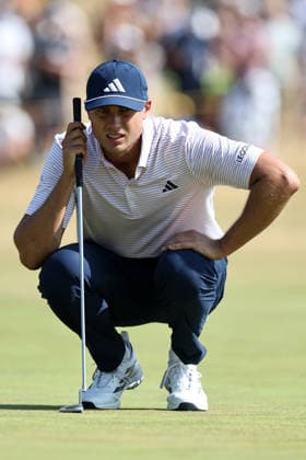 16th July 2026; Royal Birkdale Golf Club, Southport, Merseyside, England; The Open Championship, Round One; Ludvig Aberg (SWE) studies the line of his putt on the 4th green DavidxBlunsden