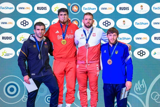 Wrestling Ranking Series Polyak & Janos & Istvan Memorial Podium 97kg FS - Gold: Akhmed Magomed O Tazhudinov (BRN), Silver: Batyrbek Tsakulov (SVK), Bronze: Zbigniew Baranowski (POL), Vasyl Sova (UKR) *** Wrestling Ranking Series: Janos Istvan Polyak Memorial – Podium: 97 kg Freestyle – Gold: Akhmed Magomed O. Tazhudinov (BRN); Silver: Batyrbek Tsakulov (SVK); Bronze: Zbigniew Baranowski (POL); Vasyl Sova (UKR) Copyright: xUnitedxWorldxWrestlingx xAmirrezx United World Wrestling Kadir C