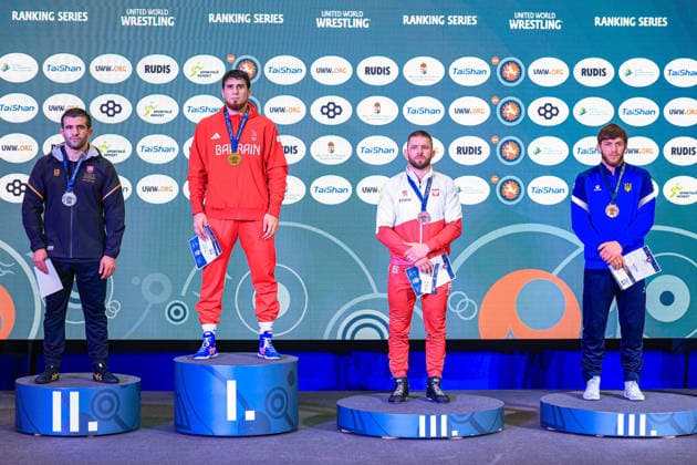 Wrestling Ranking Series Polyak & Janos & Istvan Memorial Podium 97kg FS - Gold: Akhmed Magomed O Tazhudinov (BRN), Silver: Batyrbek Tsakulov (SVK), Bronze: Zbigniew Baranowski (POL), Vasyl Sova (UKR) *** Wrestling Ranking Series: Janos Istvan Polyak Memorial – Podium: 97 kg Freestyle – Gold: Akhmed Magomed O. Tazhudinov (BRN); Silver: Batyrbek Tsakulov (SVK); Bronze: Zbigniew Baranowski (POL); Vasyl Sova (UKR) Copyright: xUnitedxWorldxWrestlingx xAmirrezx United World Wrestling Kadir C