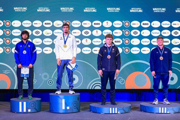 Wrestling Ranking Series Polyak & Janos & Istvan Memorial Podium 92kg FS - Gold: Ali Magomedovitch Tcokaev (AZE), Silver: Mukhammed Aliiev (UKR), Bronze: Anton Vyhivskyi (SVK), Dustin Glenn Plott (USA) *** Wrestling Ranking Series: Janos Istvan Polyak Memorial Podium, 92 kg Freestyle—Gold: Ali Magomedovitch Tcokaev (AZE); Silver: Mukhammed Aliiev (UKR); Bronze: Anton Vyhivskyi (SVK); Dustin Glenn Plott (USA) Copyright: xUnitedxWorldxWrestlingx xAmirrezx United World Wrestling Kadir C