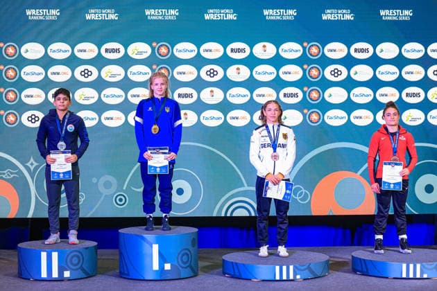 Wrestling Ranking Series Polyak & Janos & Istvan Memorial Podium 55kg WW - Gold: Nataliia Klivchutska (UKR), Silver: Hansika Lamba (IND), Bronze: Anastasia Blayvas (GER), Karla Lorena Godinez Gonzalez (CAN) *** Wrestling Ranking Series: Janos Istvan Polyak Memorial – 55kg WW Podium: Gold – Nataliia Klivchutska (UKR), Silver – Hansika Lamba (IND), Bronze – Anastasia Blayvas (GER), Karla Lorena Godinez Gonzalez (CAN) Copyright: xUnitedxWorldxWrestlingx xAmirrezx United World Wrestling Kadir C