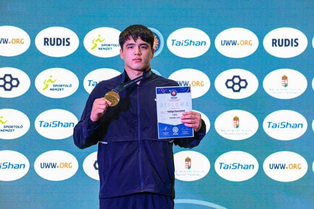 Wrestling Ranking Series Polyak & Janos & Istvan Memorial Podium 125kg FS - Gold: Yedige Kassimbek (KAZ) *** Wrestling Ranking Series: Janos Istvan Polyak Memorial – Podium, 125 kg Freestyle – Gold: Kassimbek Yedige (KAZ) Copyright: xUnitedxWorldxWrestlingx xAmirrezx United World Wrestling Kadir C