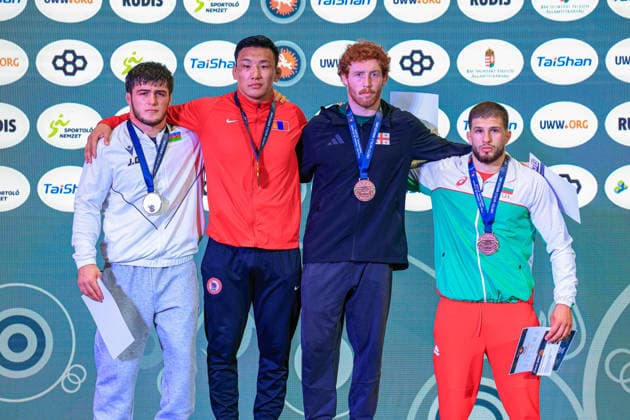 Wrestling Ranking Series Polyak & Janos & Istvan Memorial Podium 79kg FS - Gold: Suldkhuu Olonbayar (MGL), Silver: Dzhabrail Gadzhiev (AZE), Bronze: Luka Chkhitunidze (GEO), Aykan Samir Seid (BUL) *** Wrestling Ranking Series: Janos Istvan Polyak Memorial – Podium: 79 kg Freestyle – Gold: Olonbayar Suldkhuu (MGL), Silver: Dzhabrail Gadzhiev (AZE), Bronze: Luka Chkhitunidze (GEO), Aykan Samir Seid (BUL) Copyright: xUnitedxWorldxWrestlingx xAmirrezx United World Wrestling Kadir C
