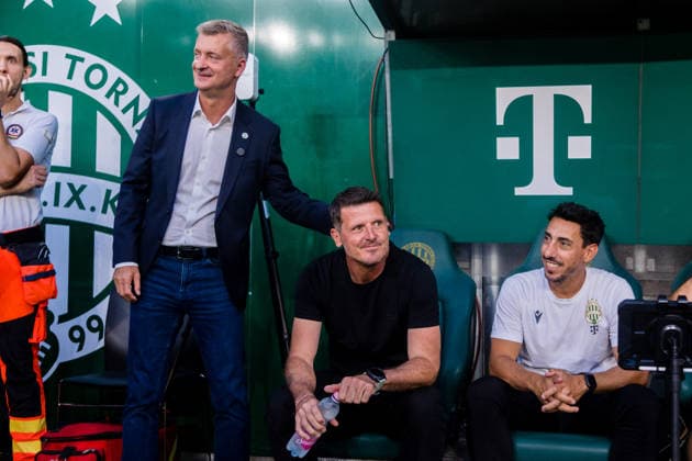 Ferencvaros v Vojvodina, UEFA Europa League qualification, Budapest, Hungary Budapest, Hungary. 16th, July 2026. Head coach Balazs Borbely of Ferencvaros seen with Gabor Kubatov (L), president and CEO of Ferencvaros, during the UEFA Europa League qualification match between Ferencvaros and Vojvodina at Groupama Arena in Budapest. Hungary, Budapest  Copyright: xGonzalesxPhoto BalazsxPopalx