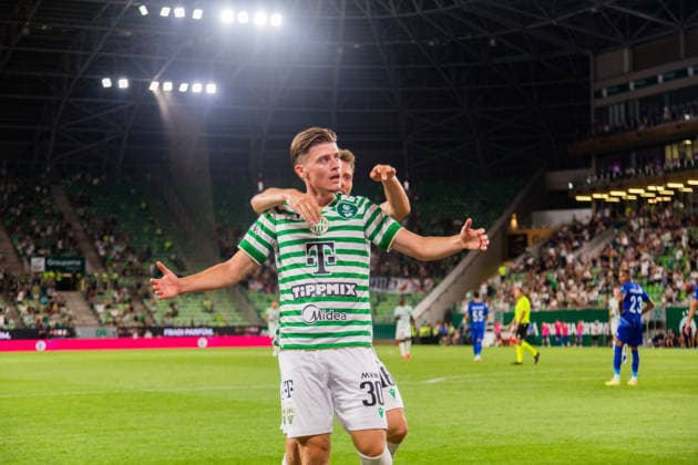 Ferencvaros v Vojvodina, UEFA Europa League qualification, Budapest, Hungary Budapest, Hungary. 16th, July 2026. Zsombor Gruber (30) of Ferencvaros scores for 3-0 and seen in celebration with Kristoffer Zachariassen (16) during the UEFA Europa League qualification match between Ferencvaros and Vojvodina at Groupama Arena in Budapest. Hungary, Budapest  Copyright: xGonzalesxPhoto BalazsxPopalx