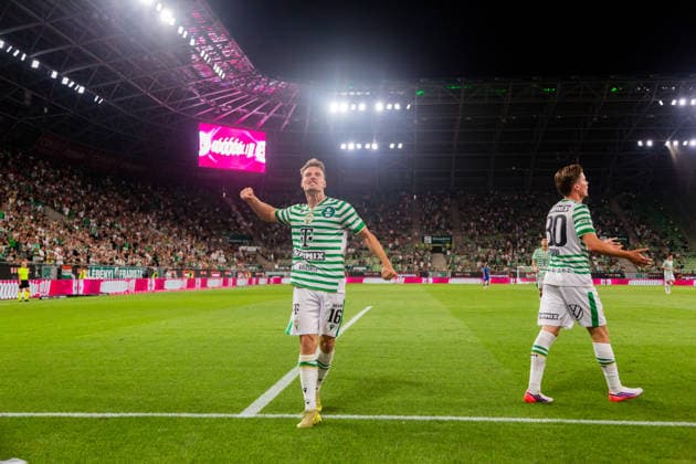 Ferencvaros v Vojvodina, UEFA Europa League qualification, Budapest, Hungary Budapest, Hungary. 16th, July 2026. Kristoffer Zachariassen (16) seen in celebration after Zsombor Gruber (30) of Ferencvaros scores for 3-0 during the UEFA Europa League qualification match between Ferencvaros and Vojvodina at Groupama Arena in Budapest. Hungary, Budapest  Copyright: xGonzalesxPhoto BalazsxPopalx