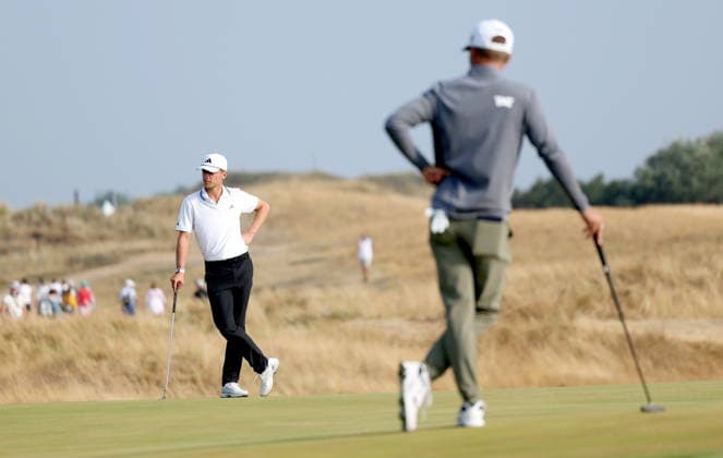 154th Open Golf Championships - Round 2 Tiger Christensen (L) of Germany and Eric Cole of the USA stand on the 9th green during Round 2 of the British Open Golf Championships at Royal Birkdale in Southport, Britain, 17 July 2026. SOUTHPORT UNITED KINGDOM  Copyright: xADAMxVAUGHANx
