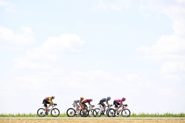 Luxembourgish Alex Kirsch of Cofidis, Polish Michal Kwiatkowski of Netcompany-INEOS, German Georg Zimmermann of Lotto Intermarche, Belgian Louis Vervaeke of Soudal Quick-Step and Danish Kasper Asgreen of EF Education-EasyPost pictured in action during stage 13 of the 2026 Tour de France cycling race, a stage of 205km from Dole to Belfort, on Friday 17 July 2026. The 113th edition of the Tour de France starts on Saturday 4 July in Barcelona, Spain, and will finish in Paris, France on the 26th of July. JASPERxJACOBS  x181330442x