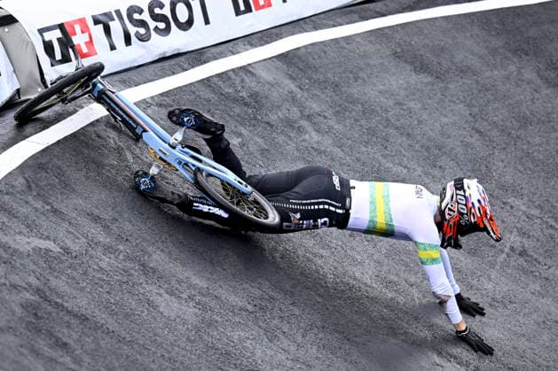 RECORD DATE NOT STATED 17th July 2026; Brisbane SX International BMX Centre, Brisbane, Queensland, Australia: 2026 UCI BMX Racing World Championships, Day One; 855 Benjamin SCHRAMM (Men Junior) AUS falls during practice on day 1 NigelxOwen