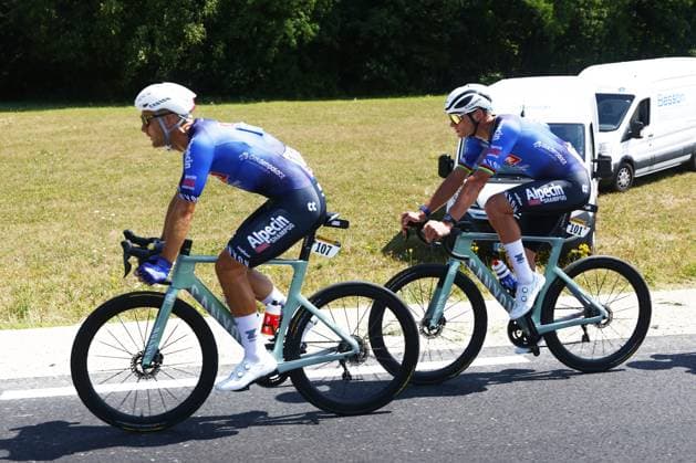 Belgian Jonas Rickaert of Alpecin-Premier Tech and Dutch Mathieu van der Poel of Alpecin-Premier Tech pictured in action during stage 13 of the 2026 Tour de France cycling race, a stage of 205km from Dole to Belfort, on Friday 17 July 2026. The 113th edition of the Tour de France starts on Saturday 4 July in Barcelona, Spain, and will finish in Paris, France on the 26th of July. POOLxLUCAxBETTINI  x181343913x